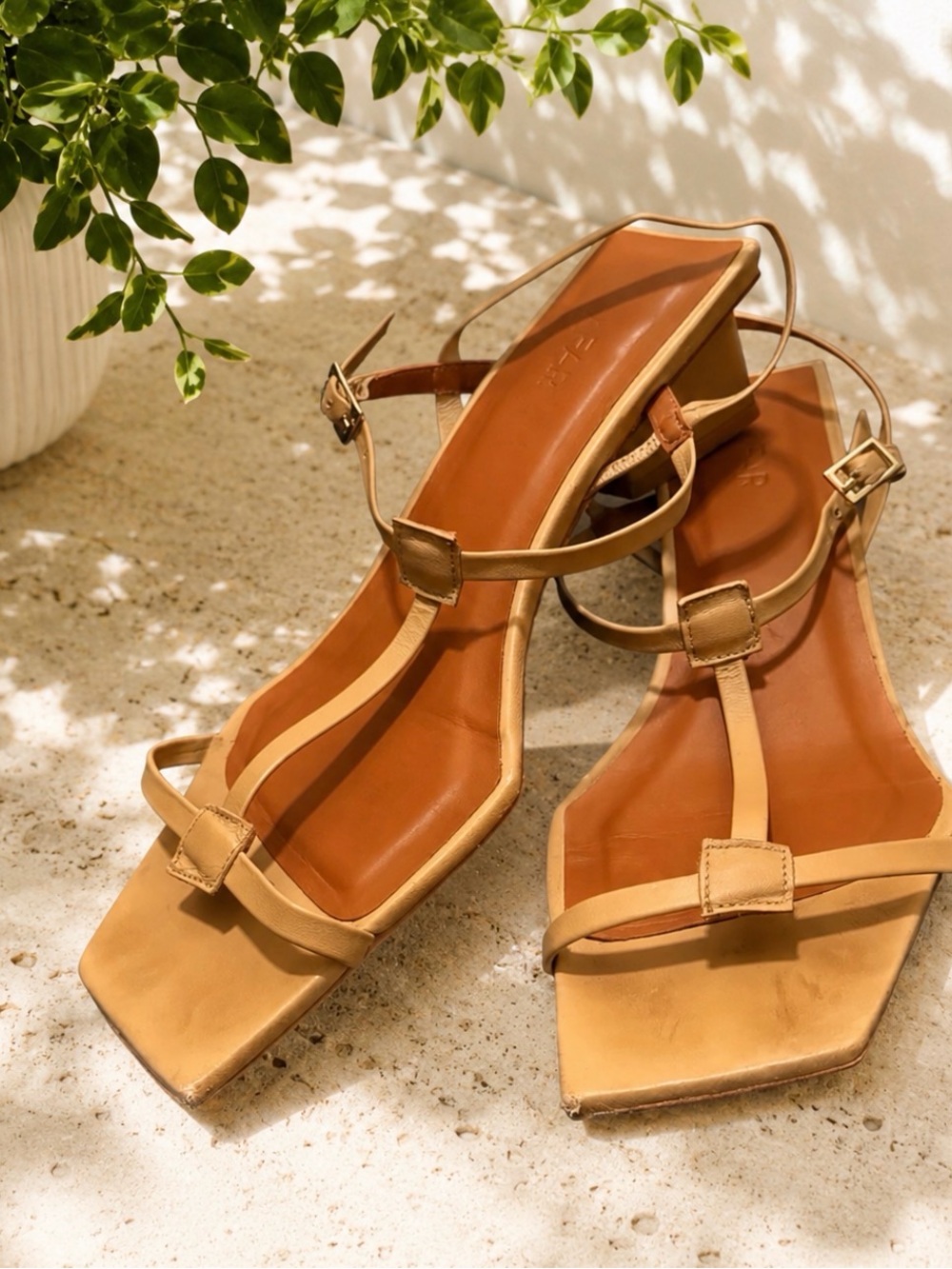 By Far Block heel T strap leather tan strappy sandal Eur 39